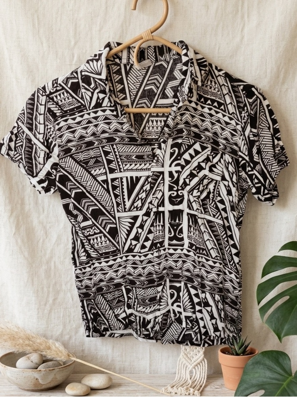 HULA BAY Boys Hawaiian Aloha Shirt | Black & White Tribal Geometric Button Down